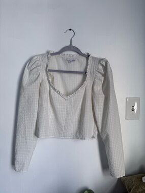 Topshop Cream Textured Puff-Sleeve V-Neck Blouse